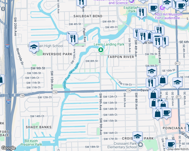 map of restaurants, bars, coffee shops, grocery stores, and more near 1100 River Reach Drive in Fort Lauderdale