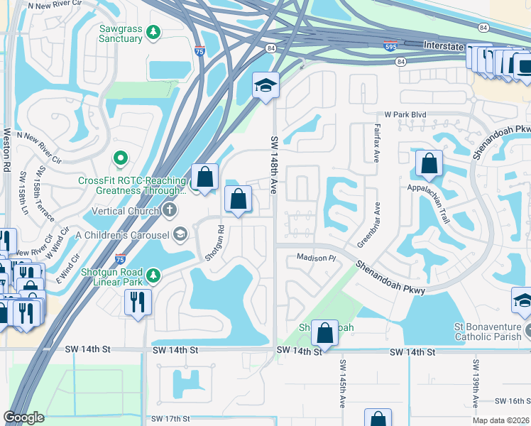 map of restaurants, bars, coffee shops, grocery stores, and more near 904 Southwest 149th Way in Sunrise