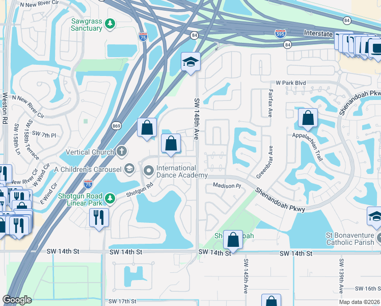 map of restaurants, bars, coffee shops, grocery stores, and more near 904 Southwest 149th Way in Sunrise