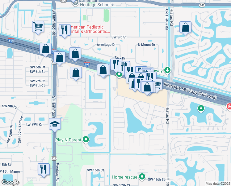 map of restaurants, bars, coffee shops, grocery stores, and more near 897 Southwest 117th Avenue in Davie