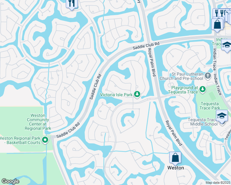 map of restaurants, bars, coffee shops, grocery stores, and more near 1633 Victoria Pointe Lane in Weston