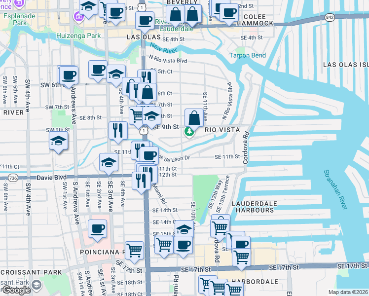 map of restaurants, bars, coffee shops, grocery stores, and more near 921 Southeast 10th Street in Fort Lauderdale
