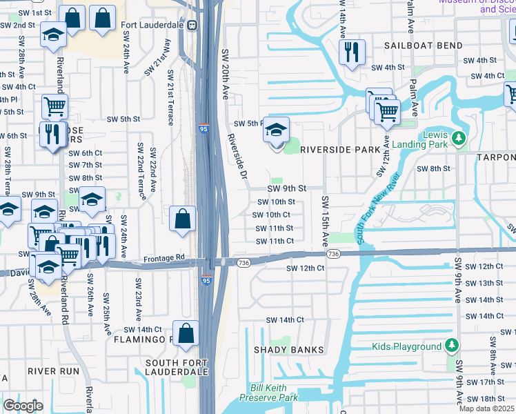 map of restaurants, bars, coffee shops, grocery stores, and more near 900 Riverside Drive in Fort Lauderdale