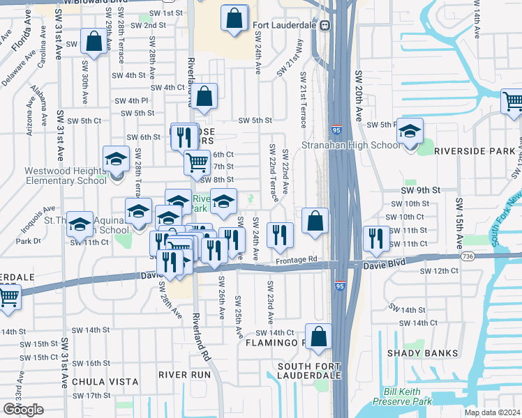 map of restaurants, bars, coffee shops, grocery stores, and more near 904 Southwest 24th Avenue in Fort Lauderdale