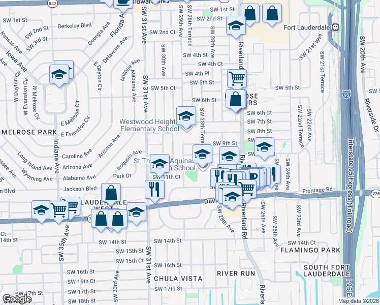 map of restaurants, bars, coffee shops, grocery stores, and more near 2884 Southwest 9th Street in Fort Lauderdale
