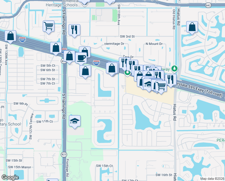 map of restaurants, bars, coffee shops, grocery stores, and more near 11855 Southwest 8th Court in Davie