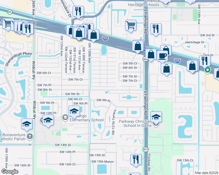 map of restaurants, bars, coffee shops, grocery stores, and more near 14 Ivy Lane in Davie