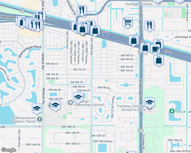 map of restaurants, bars, coffee shops, grocery stores, and more near 708 Southwest 130th Avenue in Davie