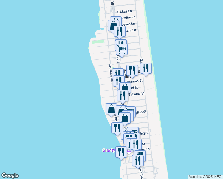 map of restaurants, bars, coffee shops, grocery stores, and more near 109 West Retama Street in South Padre Island