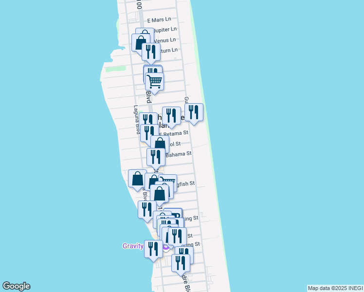 map of restaurants, bars, coffee shops, grocery stores, and more near 113 East Retama Street in South Padre Island