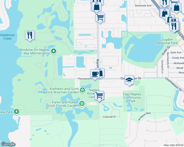 map of restaurants, bars, coffee shops, grocery stores, and more near 2765 Thomasson Drive in Naples