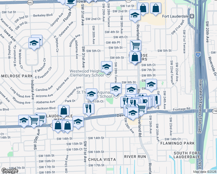 map of restaurants, bars, coffee shops, grocery stores, and more near 2884 Southwest 9th Street in Fort Lauderdale
