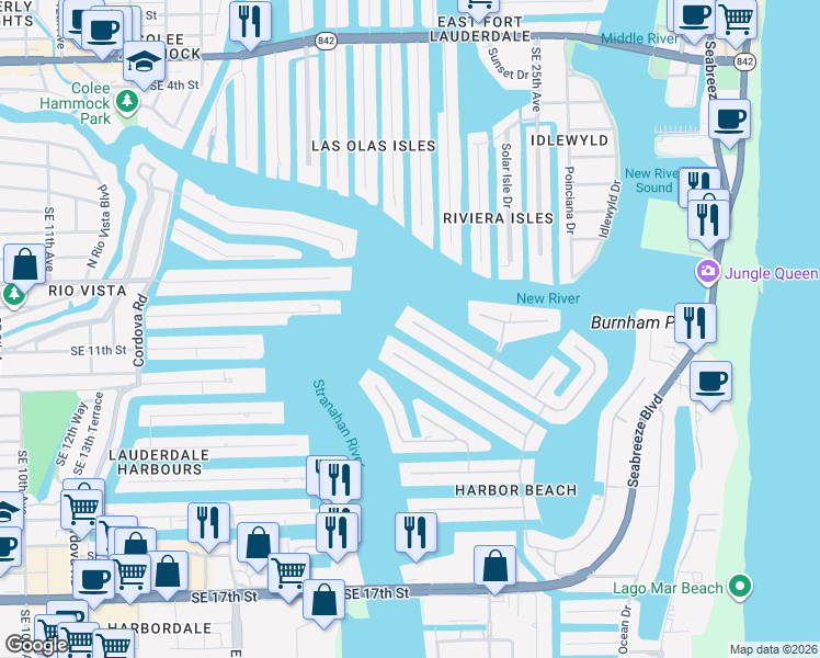 map of restaurants, bars, coffee shops, grocery stores, and more near 4 Isla Bahia Drive in Fort Lauderdale