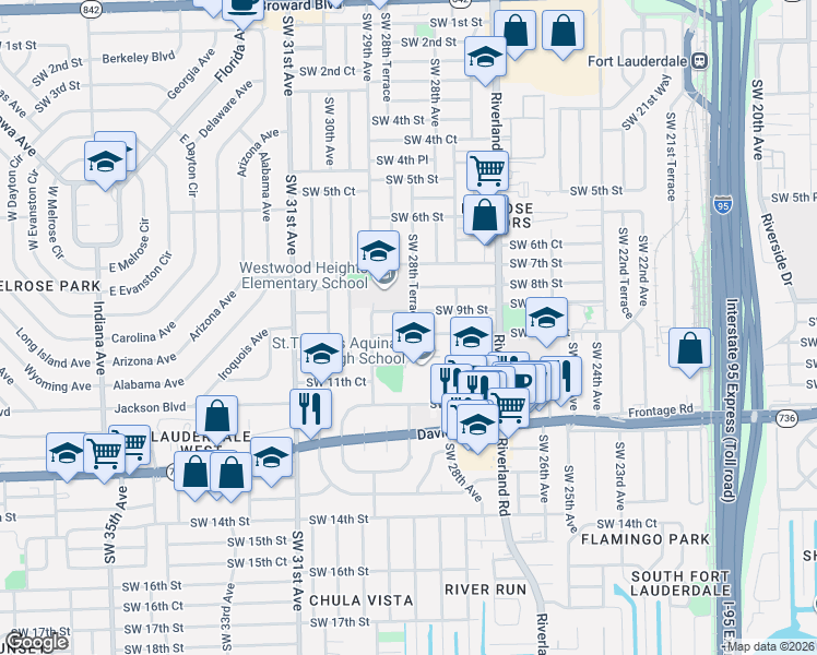 map of restaurants, bars, coffee shops, grocery stores, and more near 831 Southwest 28th Terrace in Fort Lauderdale