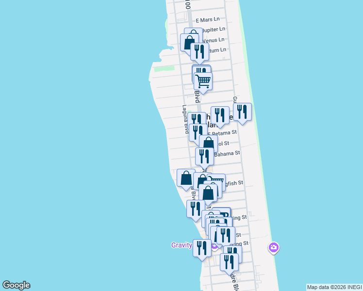 map of restaurants, bars, coffee shops, grocery stores, and more near 216 West Retama Street in South Padre Island