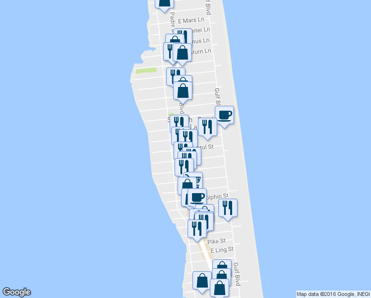 map of restaurants, bars, coffee shops, grocery stores, and more near 106 Atol Street in South Padre Island