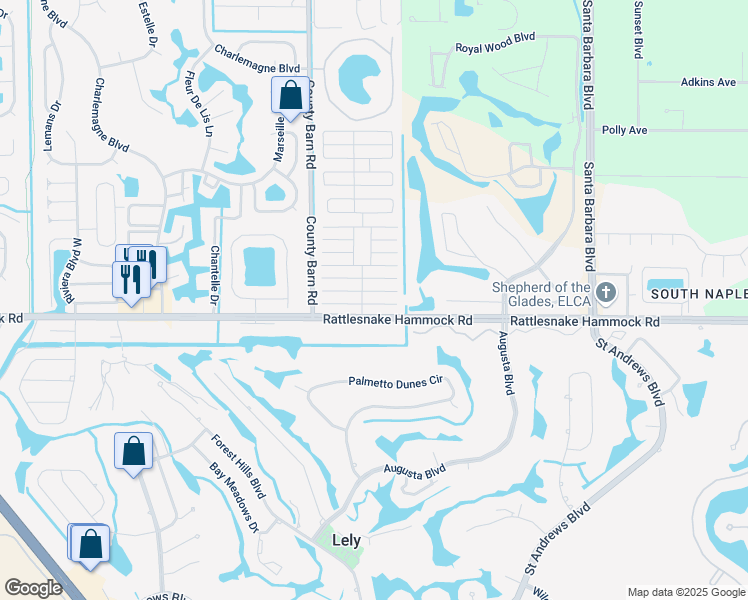 map of restaurants, bars, coffee shops, grocery stores, and more near 99 Cottonwood Lane in Naples