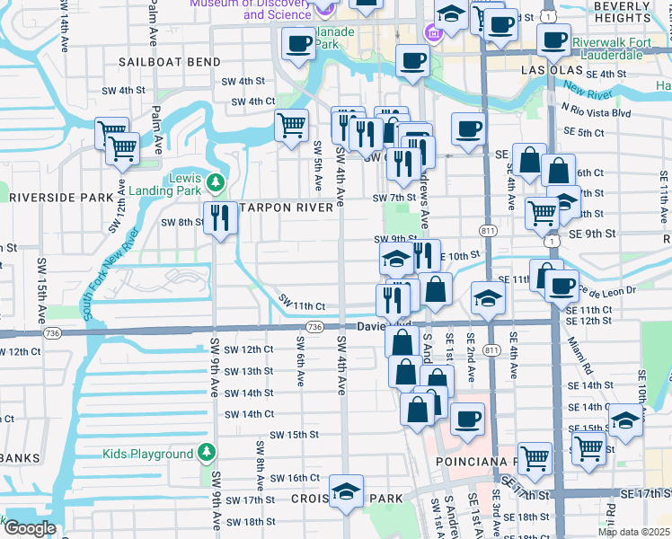 map of restaurants, bars, coffee shops, grocery stores, and more near 417 Southwest 10th Street in Fort Lauderdale