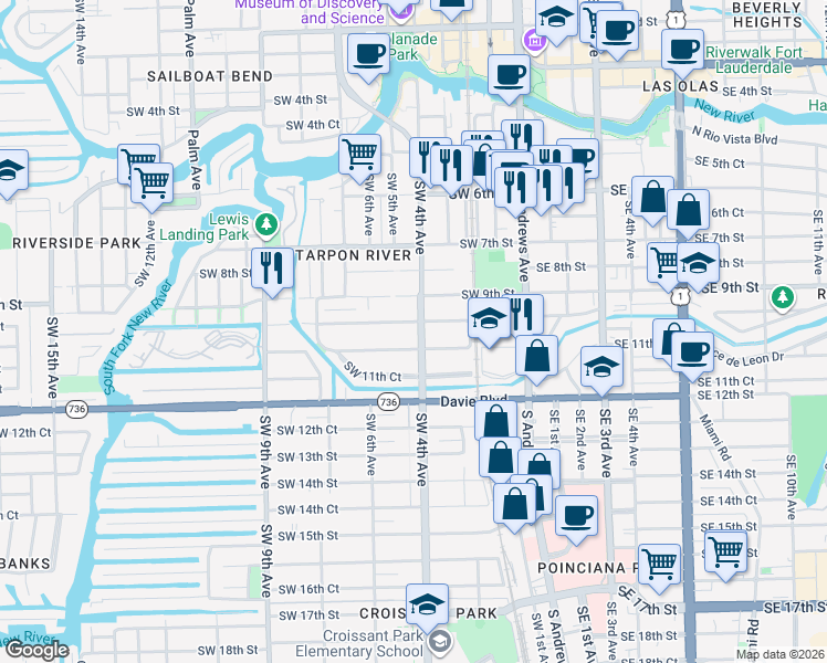 map of restaurants, bars, coffee shops, grocery stores, and more near 417 Southwest 10th Street in Fort Lauderdale