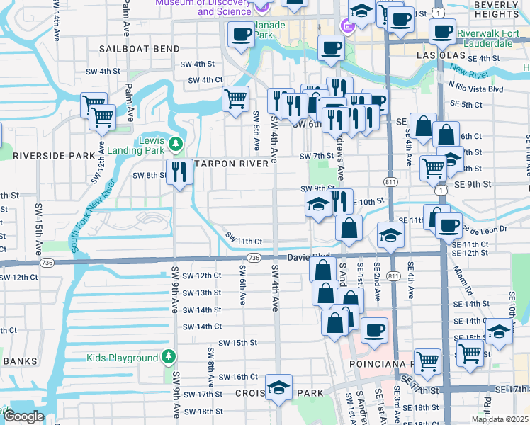 map of restaurants, bars, coffee shops, grocery stores, and more near 417 Southwest 10th Street in Fort Lauderdale