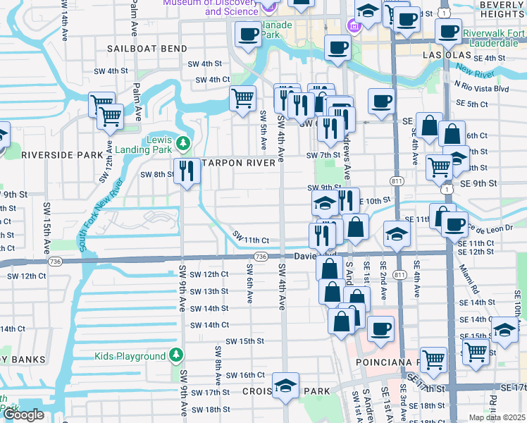 map of restaurants, bars, coffee shops, grocery stores, and more near 417 Southwest 10th Street in Fort Lauderdale