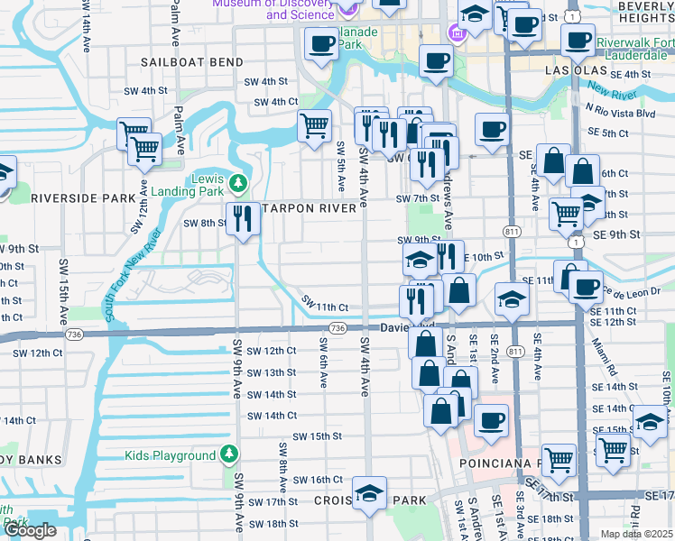 map of restaurants, bars, coffee shops, grocery stores, and more near 417 Southwest 10th Street in Fort Lauderdale