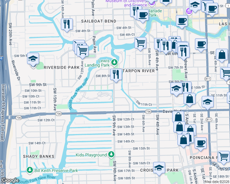 map of restaurants, bars, coffee shops, grocery stores, and more near 835 Southwest 10th Street in Fort Lauderdale