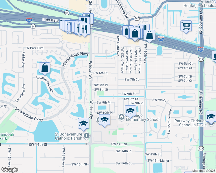 map of restaurants, bars, coffee shops, grocery stores, and more near 731 Southwest 134th Terrace in Davie