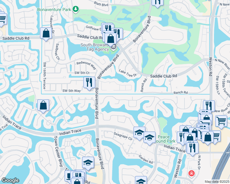 map of restaurants, bars, coffee shops, grocery stores, and more near 16610 Royal Poinciana Court in Weston