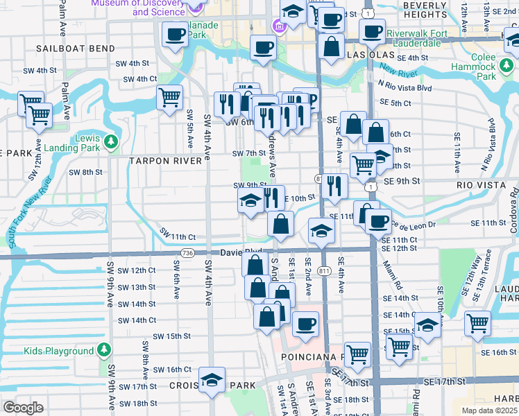 map of restaurants, bars, coffee shops, grocery stores, and more near 9 Southwest 10th Street in Fort Lauderdale
