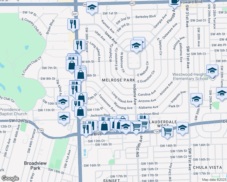map of restaurants, bars, coffee shops, grocery stores, and more near 836 Pennsylvania Avenue in Fort Lauderdale