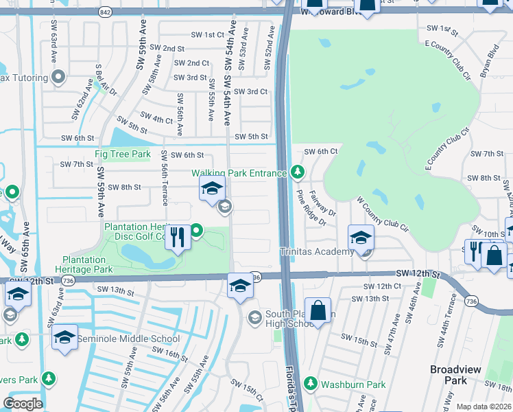 map of restaurants, bars, coffee shops, grocery stores, and more near 5261 Southwest 8th Court in Plantation