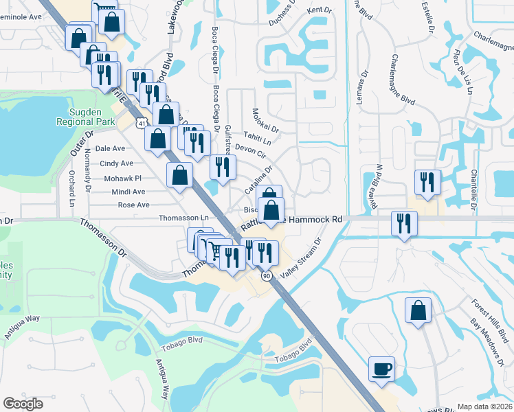 map of restaurants, bars, coffee shops, grocery stores, and more near 4945 Barcelona Circle in Naples