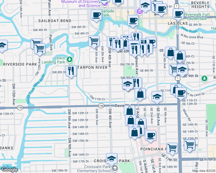 map of restaurants, bars, coffee shops, grocery stores, and more near 417 Southwest 10th Street in Fort Lauderdale