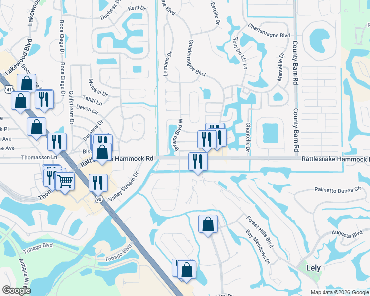 map of restaurants, bars, coffee shops, grocery stores, and more near 510 Menton Lane in Naples