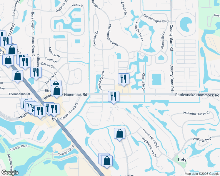 map of restaurants, bars, coffee shops, grocery stores, and more near 510 Menton Lane in Naples