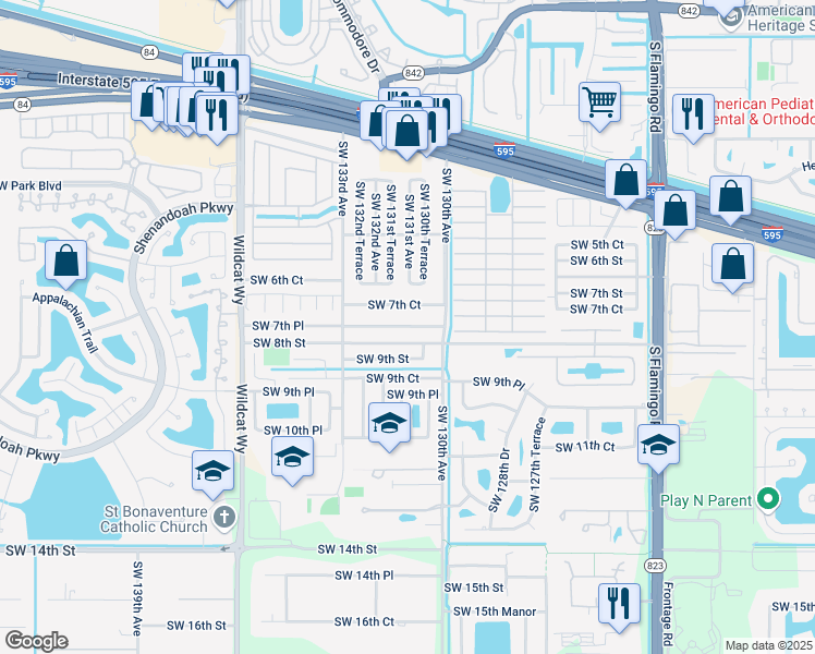 map of restaurants, bars, coffee shops, grocery stores, and more near 13060 Southwest 7th Court in Davie