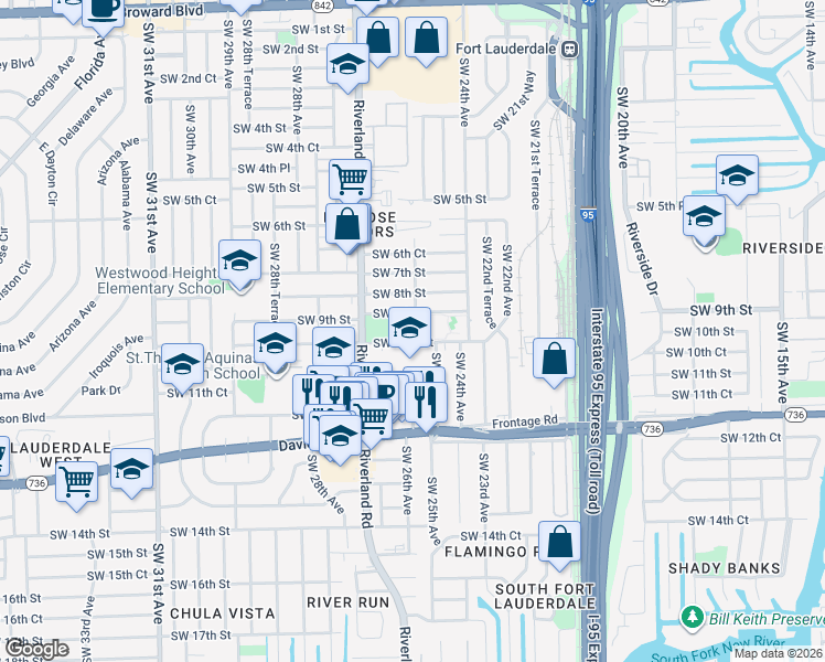 map of restaurants, bars, coffee shops, grocery stores, and more near 950 Southwest 27th Avenue in Fort Lauderdale