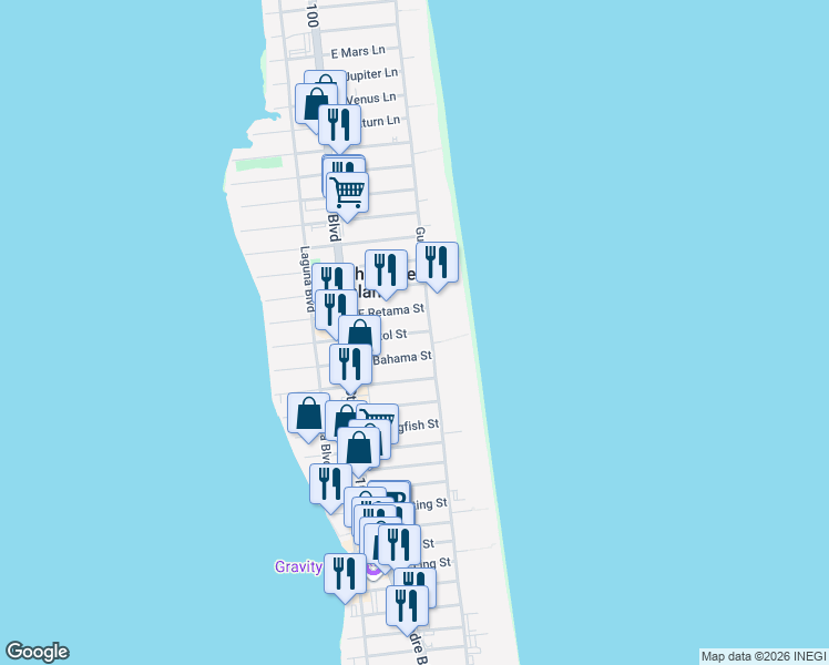map of restaurants, bars, coffee shops, grocery stores, and more near 113 East Retama Street in South Padre Island