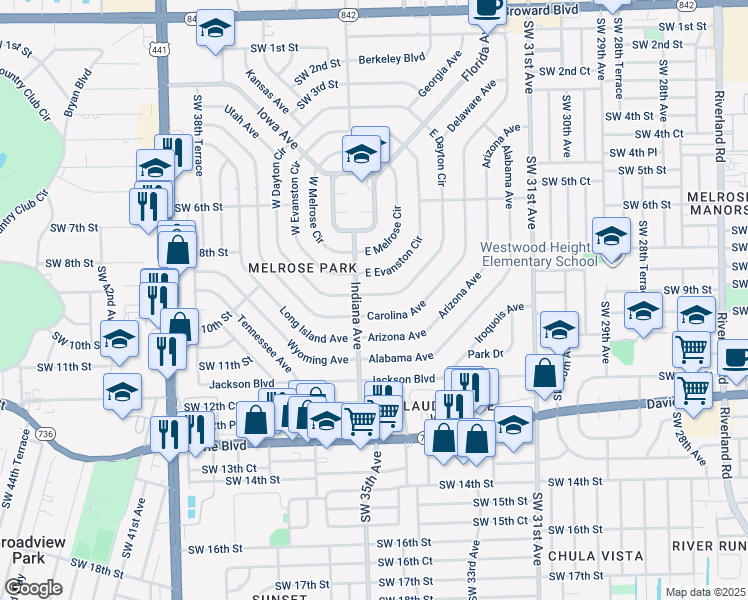 map of restaurants, bars, coffee shops, grocery stores, and more near 961 East Dayton Circle in Fort Lauderdale