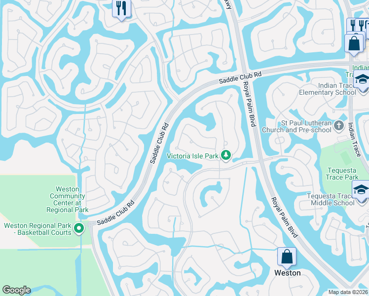 map of restaurants, bars, coffee shops, grocery stores, and more near 1715 Victoria Pointe Circle in Weston