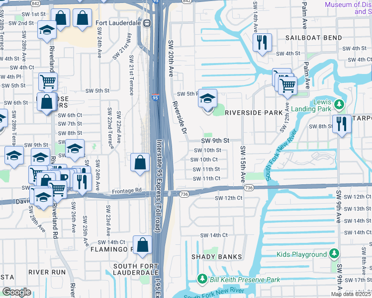 map of restaurants, bars, coffee shops, grocery stores, and more near 900 Riverside Drive in Fort Lauderdale