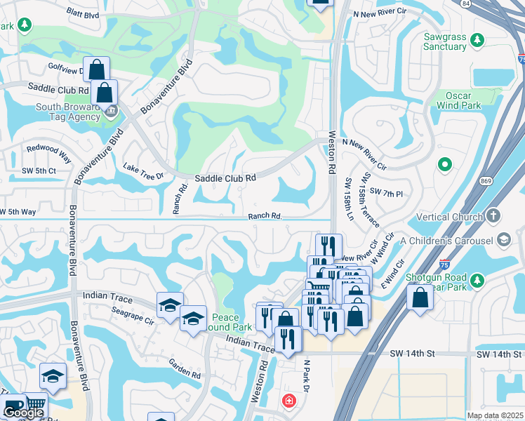 map of restaurants, bars, coffee shops, grocery stores, and more near 601 Ranch Road in Weston