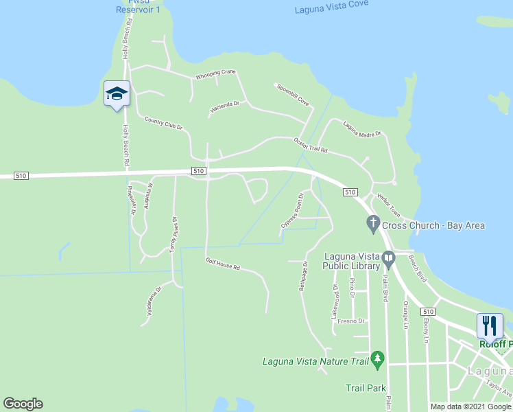 map of restaurants, bars, coffee shops, grocery stores, and more near 36 Augusta Drive in Laguna Vista