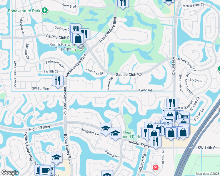 map of restaurants, bars, coffee shops, grocery stores, and more near 741 Ranch Road in Weston