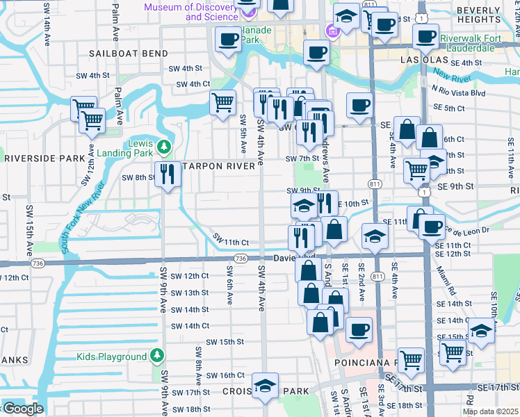 map of restaurants, bars, coffee shops, grocery stores, and more near 417 Southwest 10th Street in Fort Lauderdale
