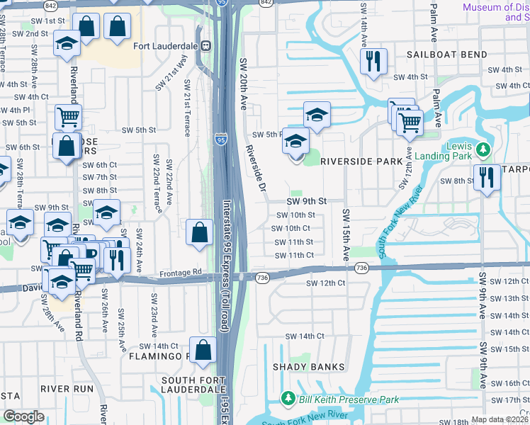 map of restaurants, bars, coffee shops, grocery stores, and more near 900 Riverside Drive in Fort Lauderdale