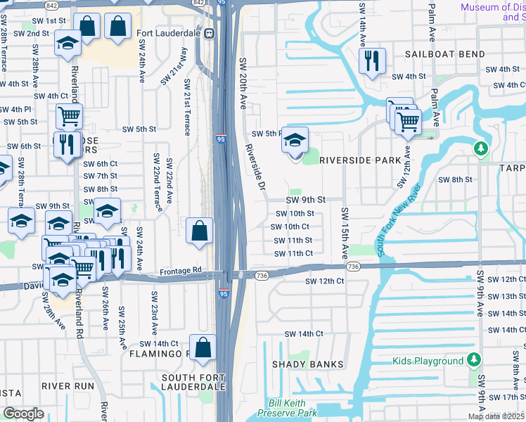 map of restaurants, bars, coffee shops, grocery stores, and more near 900 Riverside Drive in Fort Lauderdale