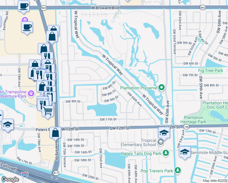 map of restaurants, bars, coffee shops, grocery stores, and more near 6950 Southwest 8th Street in Plantation