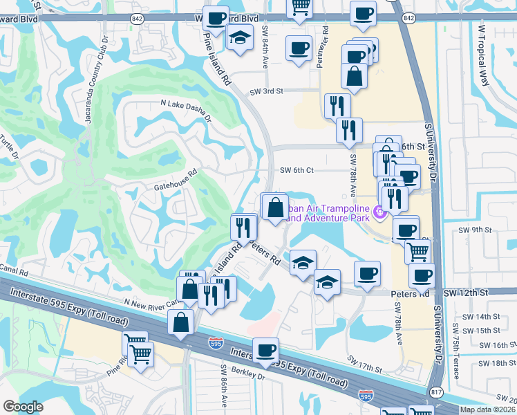 map of restaurants, bars, coffee shops, grocery stores, and more near 841 Southwest 87th Terrace in Plantation